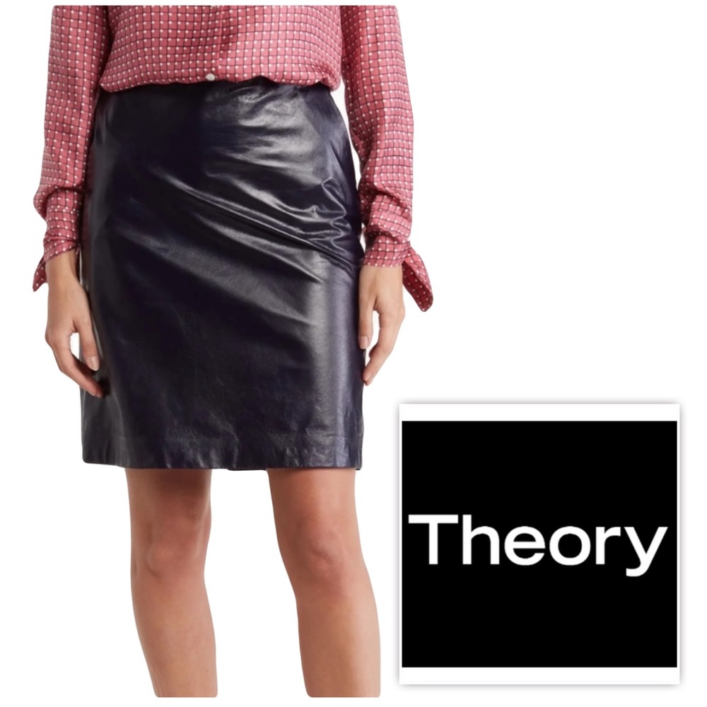 🆕 THEORY Clean Pencil Skirt Varnished Lamb LEATHER sz 4